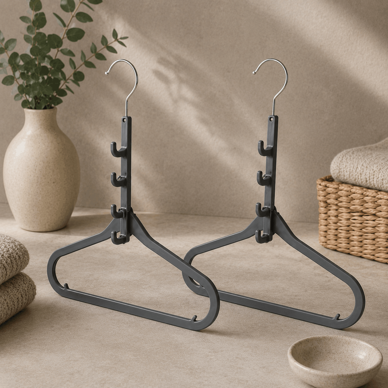 Space-saving cascading hangers displayed in an organised wardrobe-inspired setting