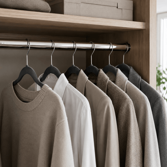 Velvet clothes hangers holding shirts and jackets inside an organised wardrobe