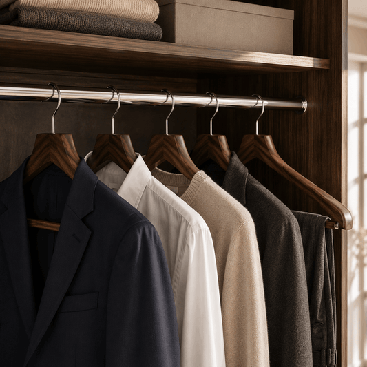 Wooden clothes hangers holding shirts and jackets inside a neatly organised wardrobe