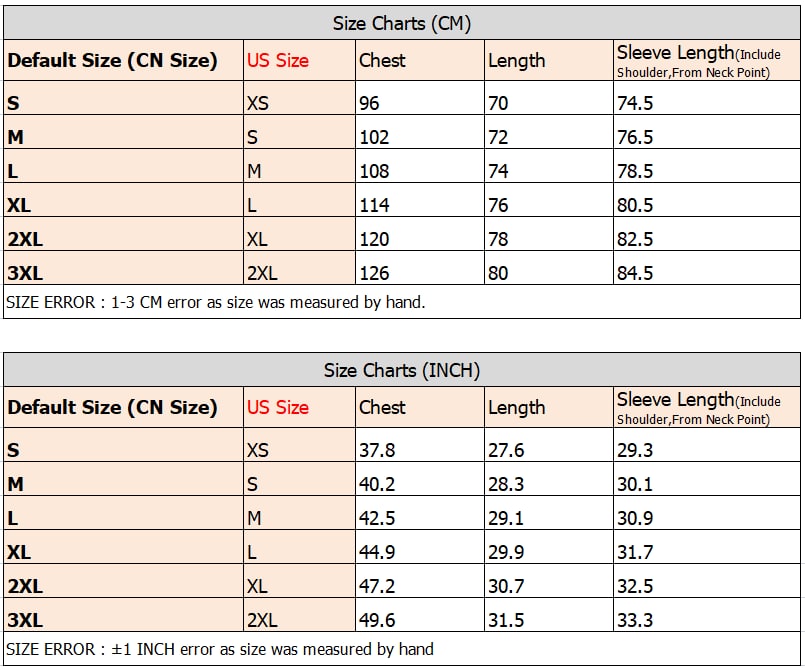 A size chart displaying measurements in both centimeters and inches for the long-sleeve hooded shirt.