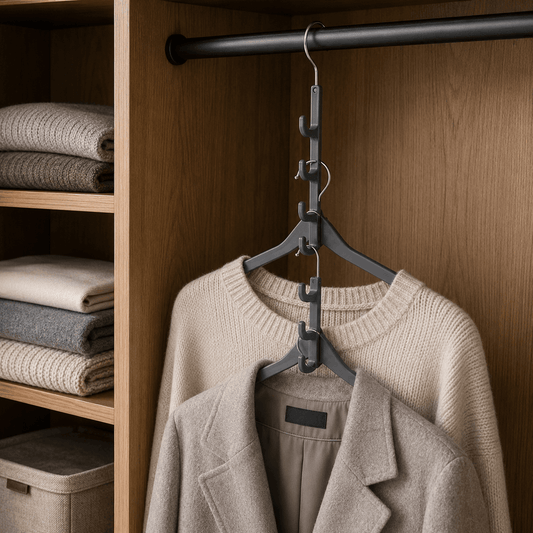 Cascading clothes hangers organising garments vertically inside a modern wardrobe