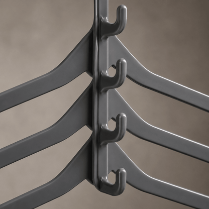 Close-up of the cascading hanger hook mechanism and space-saving hanger design