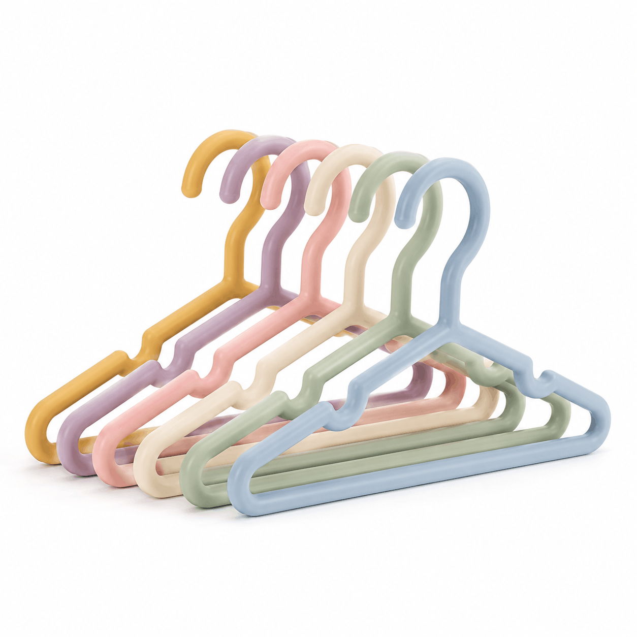 Pastel coloured plastic clothes hangers designed for children's clothing and wardrobes
