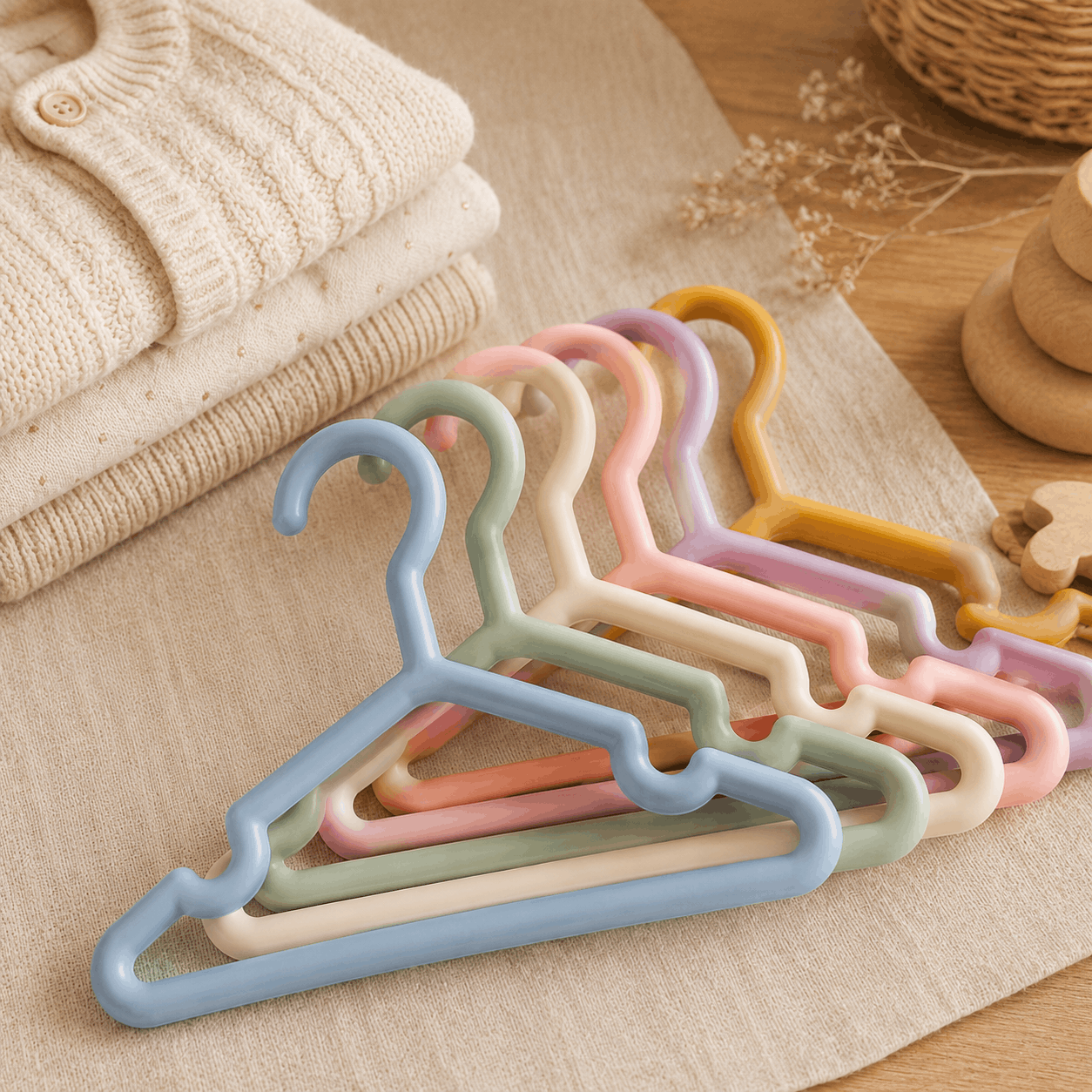 Colourful children's hangers arranged with folded kids clothing in a tidy nursery setting