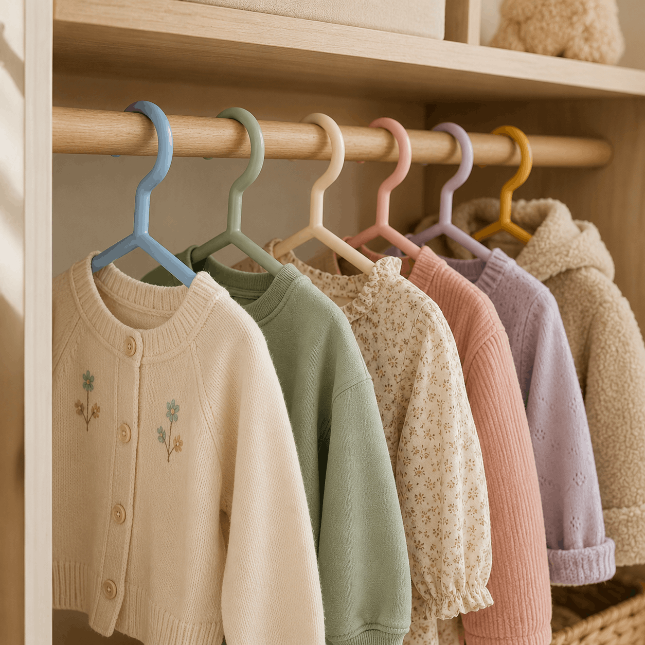 Children's clothes hanging on colourful plastic hangers inside a neatly organised wardrobe