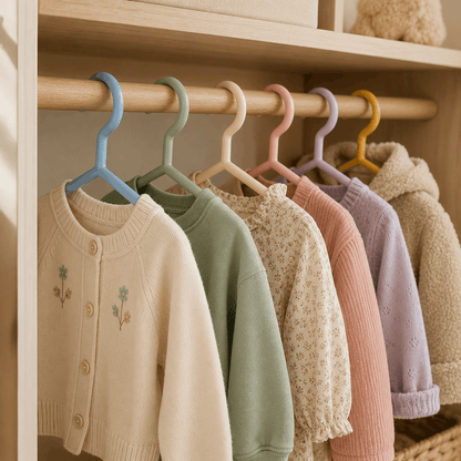 Children's clothes hanging on colourful plastic hangers inside a neatly organised wardrobe