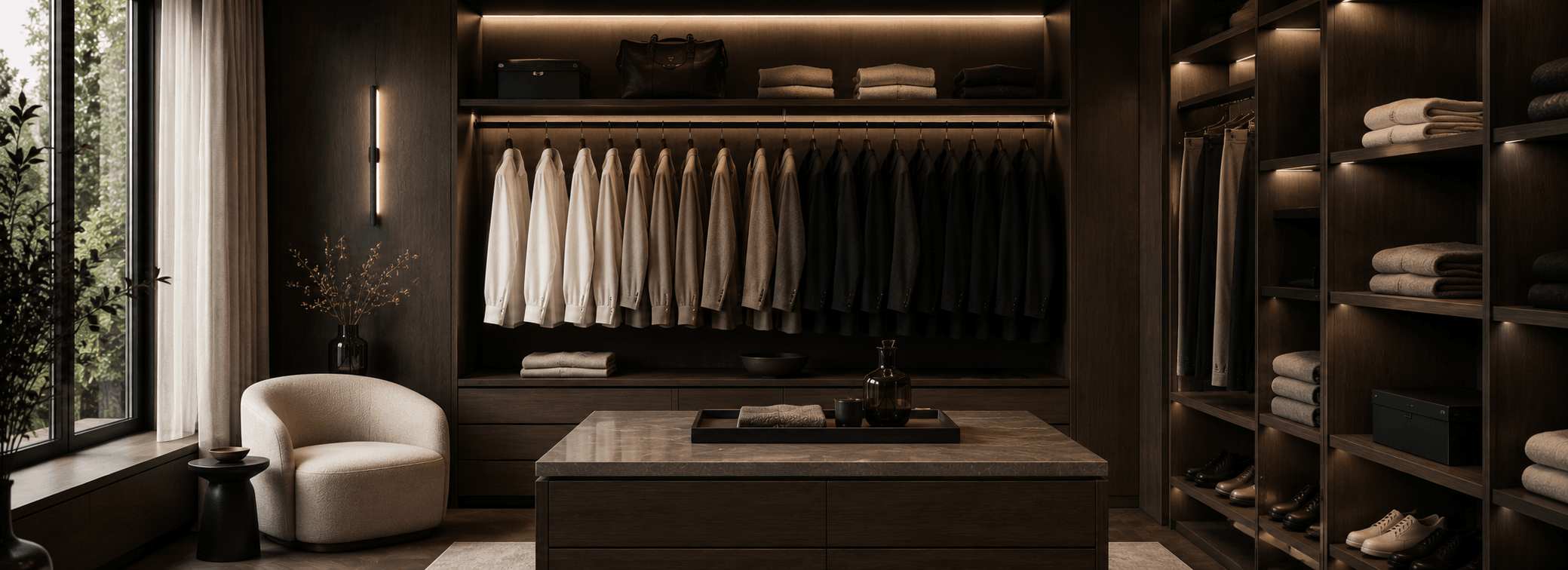 Premium wardrobe featuring neatly arranged clothing on matching wooden hangers in a luxury closet setting
