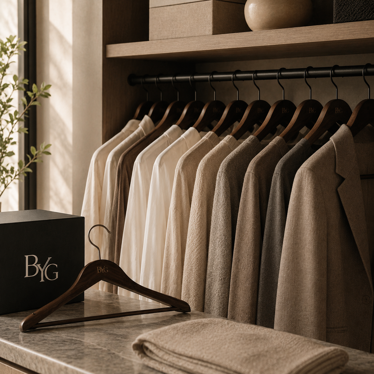 Modern walk-in wardrobe featuring neatly arranged clothing on premium clothes hangers.