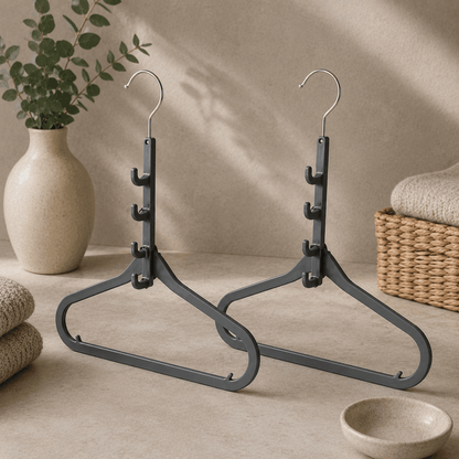 Space-saving cascading hangers displayed in an organised wardrobe-inspired setting