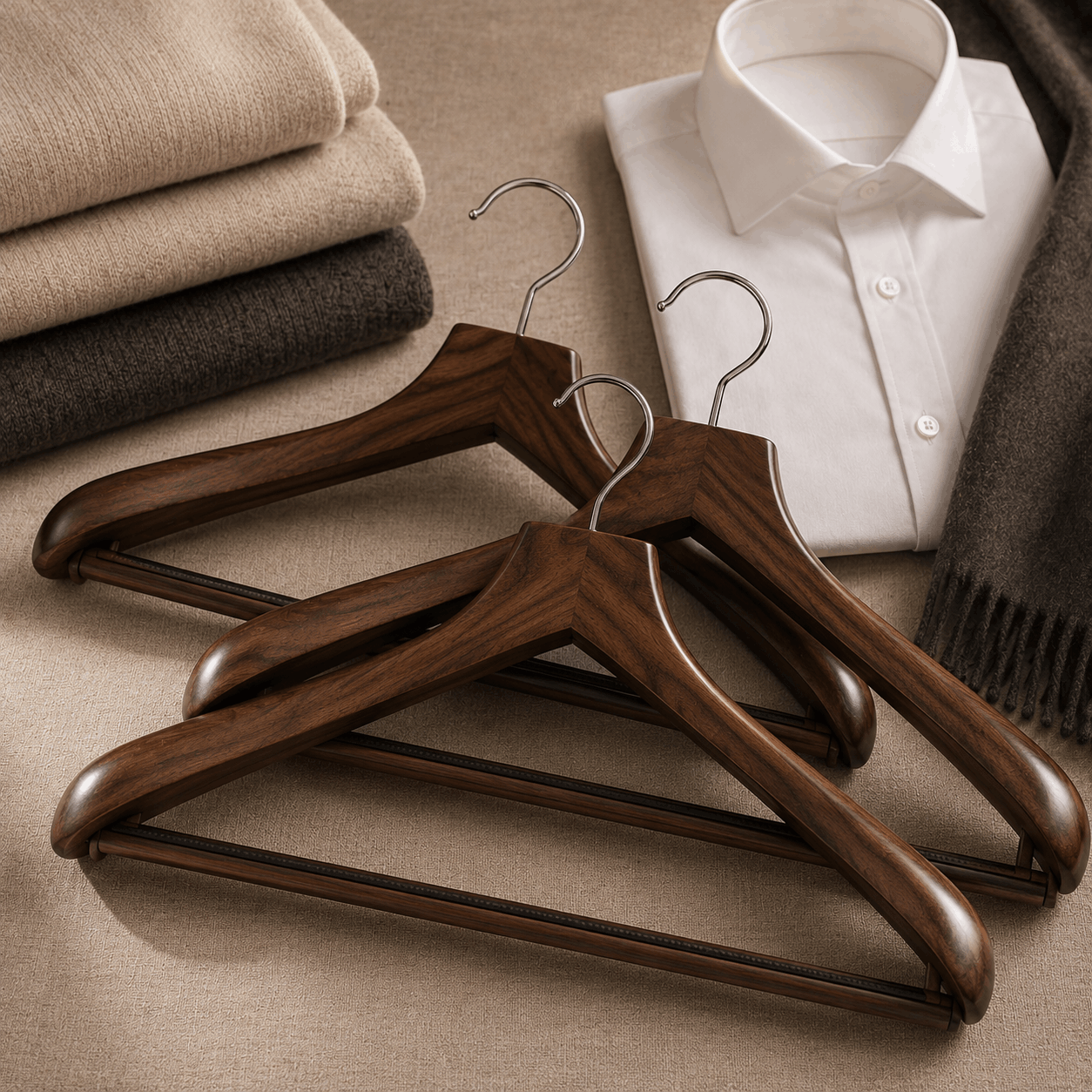 Walnut wood hangers styled with folded knitwear and wardrobe accessories in a premium setting
