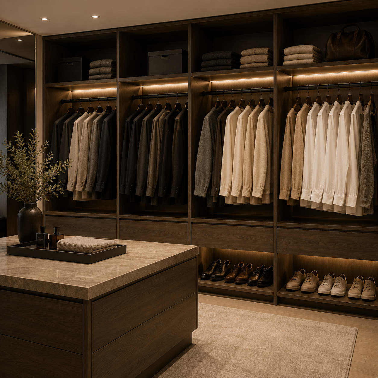 Premium wooden clothes hangers supporting shirts, jackets and knitwear inside a modern wardrobe.