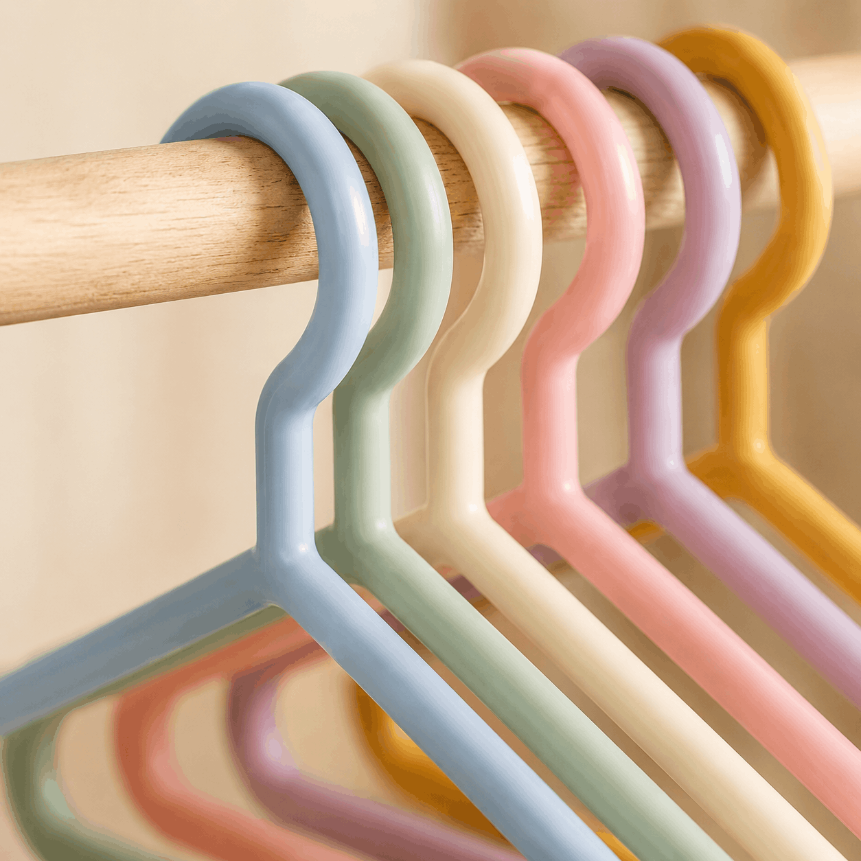 Close-up of pastel plastic hanger design with smooth rounded child-friendly edges