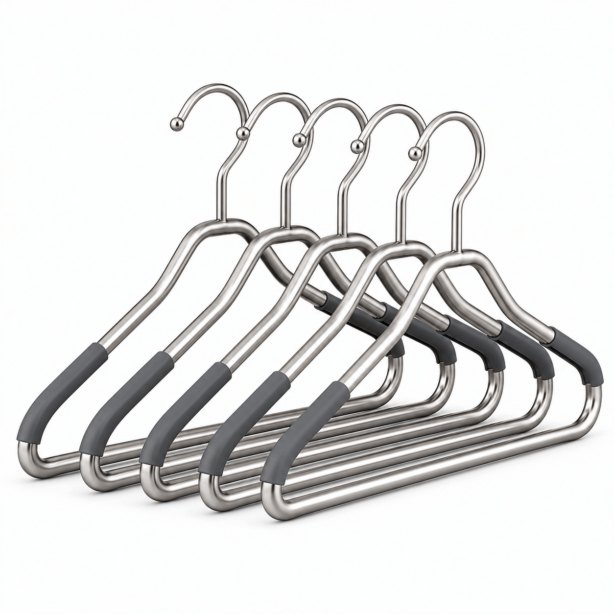 Stainless steel clothes hangers with a brushed metal finish displayed on a white background
