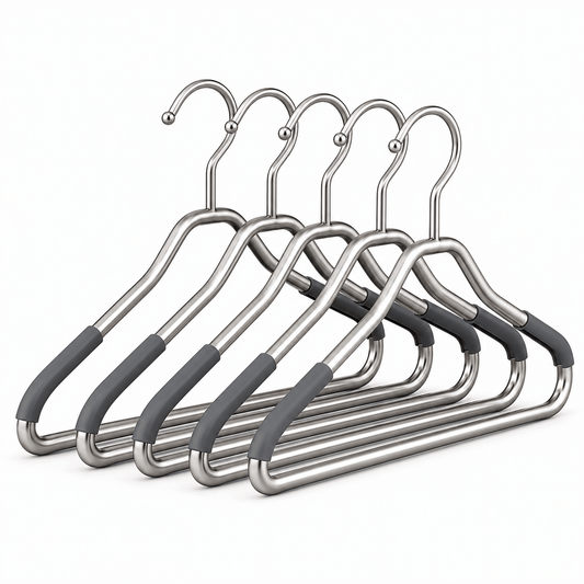 Stainless steel clothes hangers with a brushed metal finish displayed on a white background
