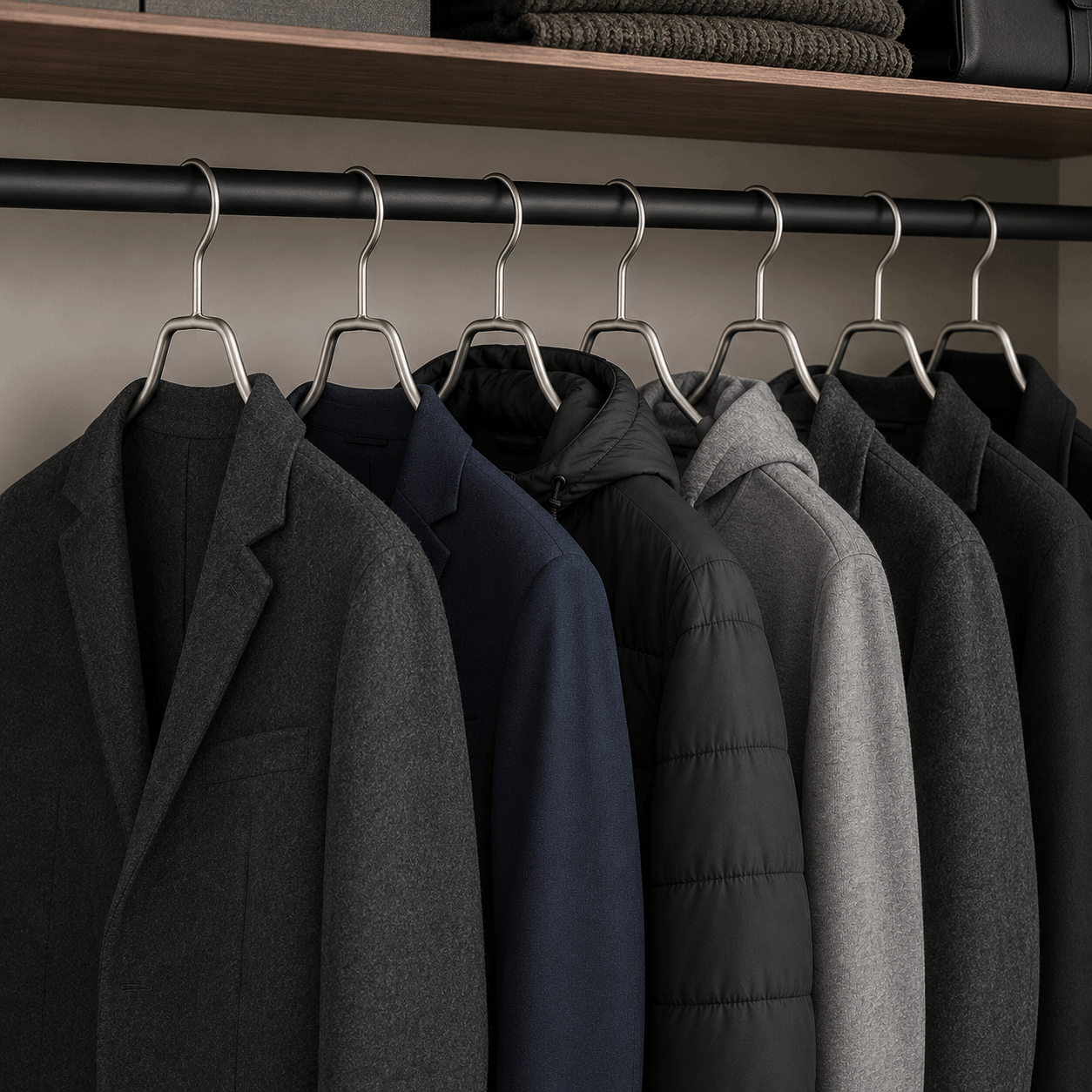 Stainless steel hangers supporting coats and jackets inside a modern wardrobe
