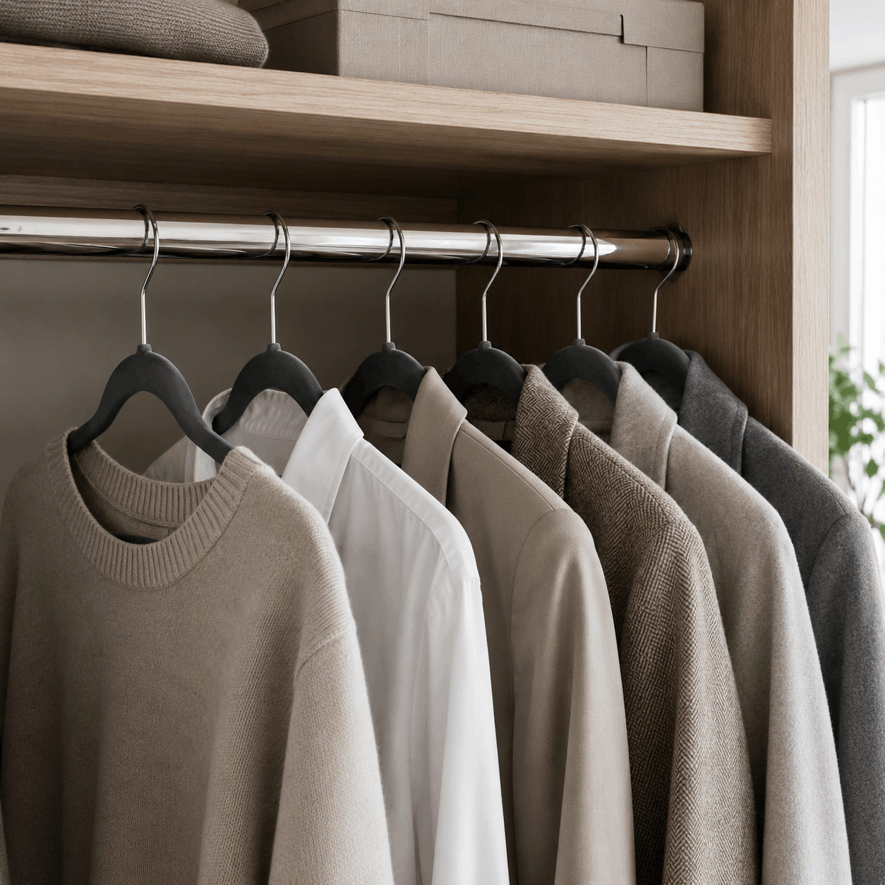 Velvet clothes hangers holding shirts and jackets inside an organised wardrobe