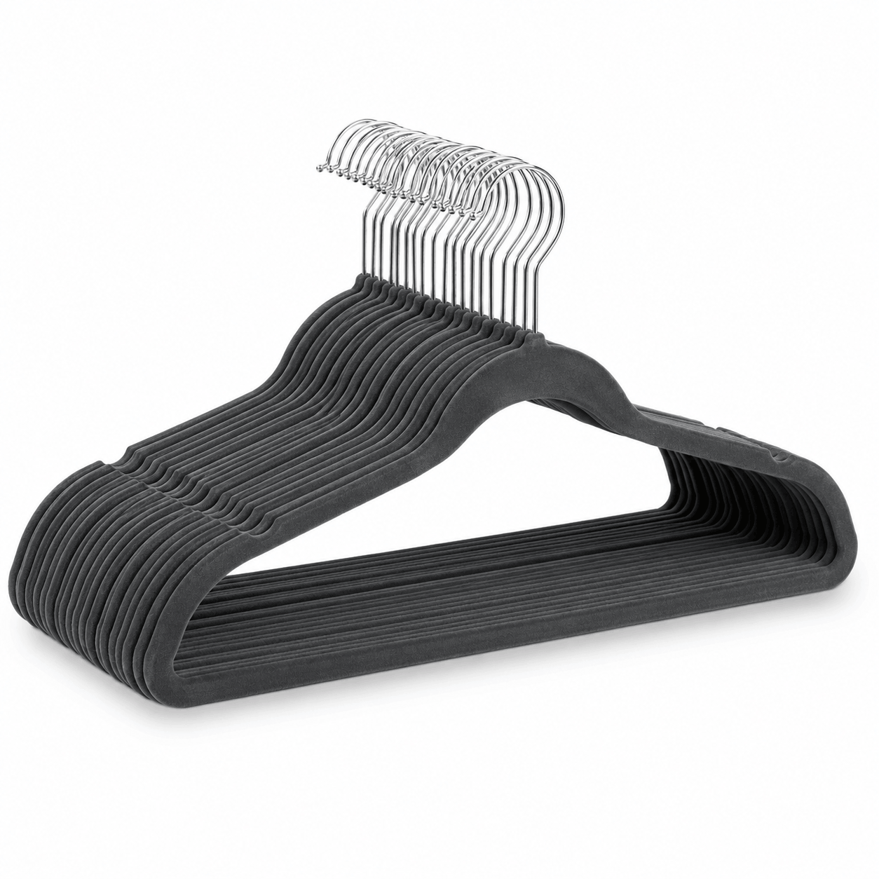 Charcoal grey velvet non-slip clothes hangers with chrome hooks displayed on a white background
