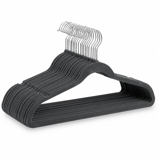 Charcoal grey velvet non-slip clothes hangers with chrome hooks displayed on a white background