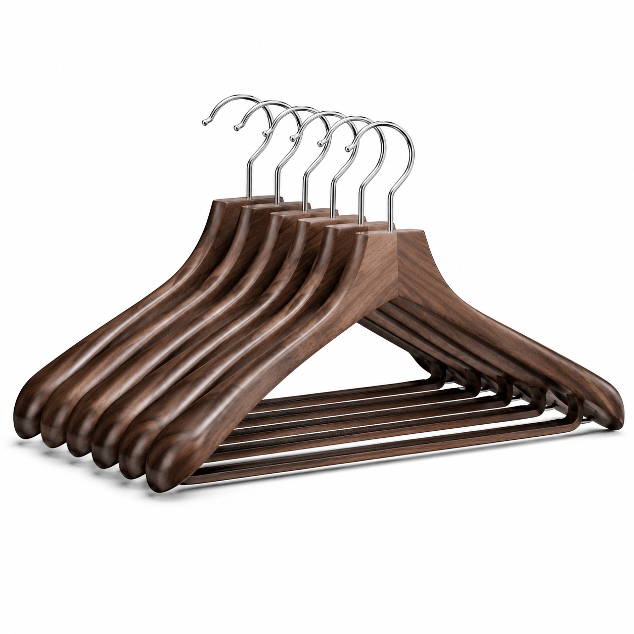 Walnut wood clothes hangers featuring chrome swivel hooks and a trouser bar on a clean white background