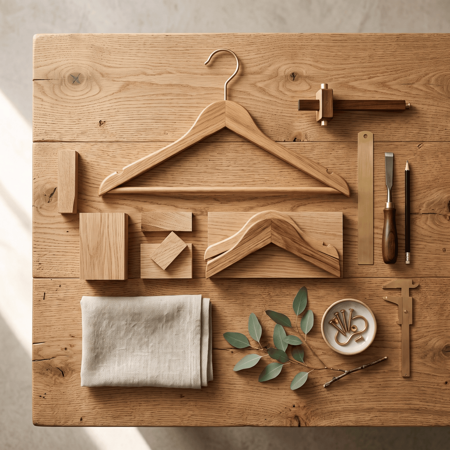 A styled flat-lay of wooden hanger-making