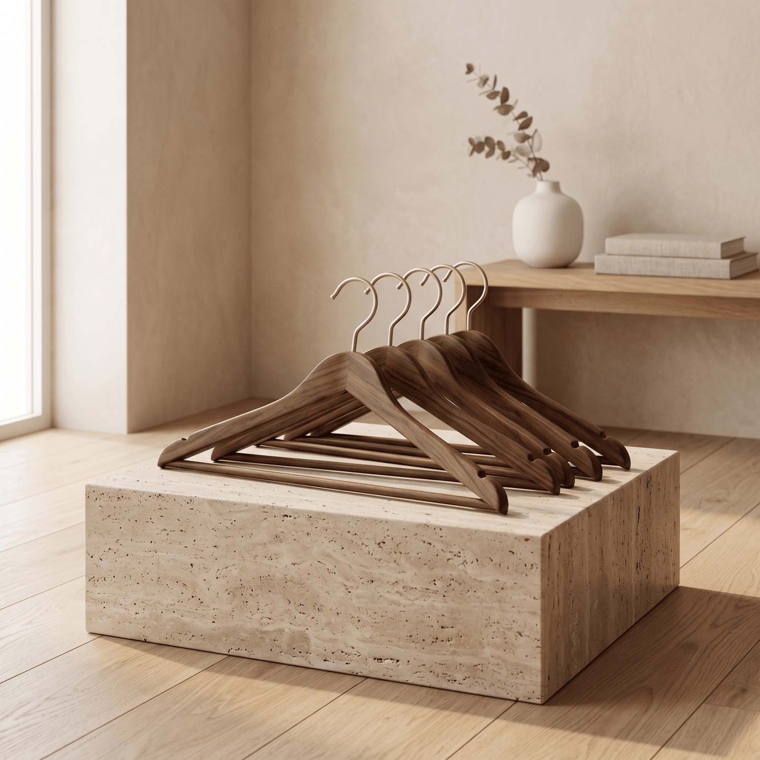 A set of dark brown wooden hangers with gold-tone metal hooks