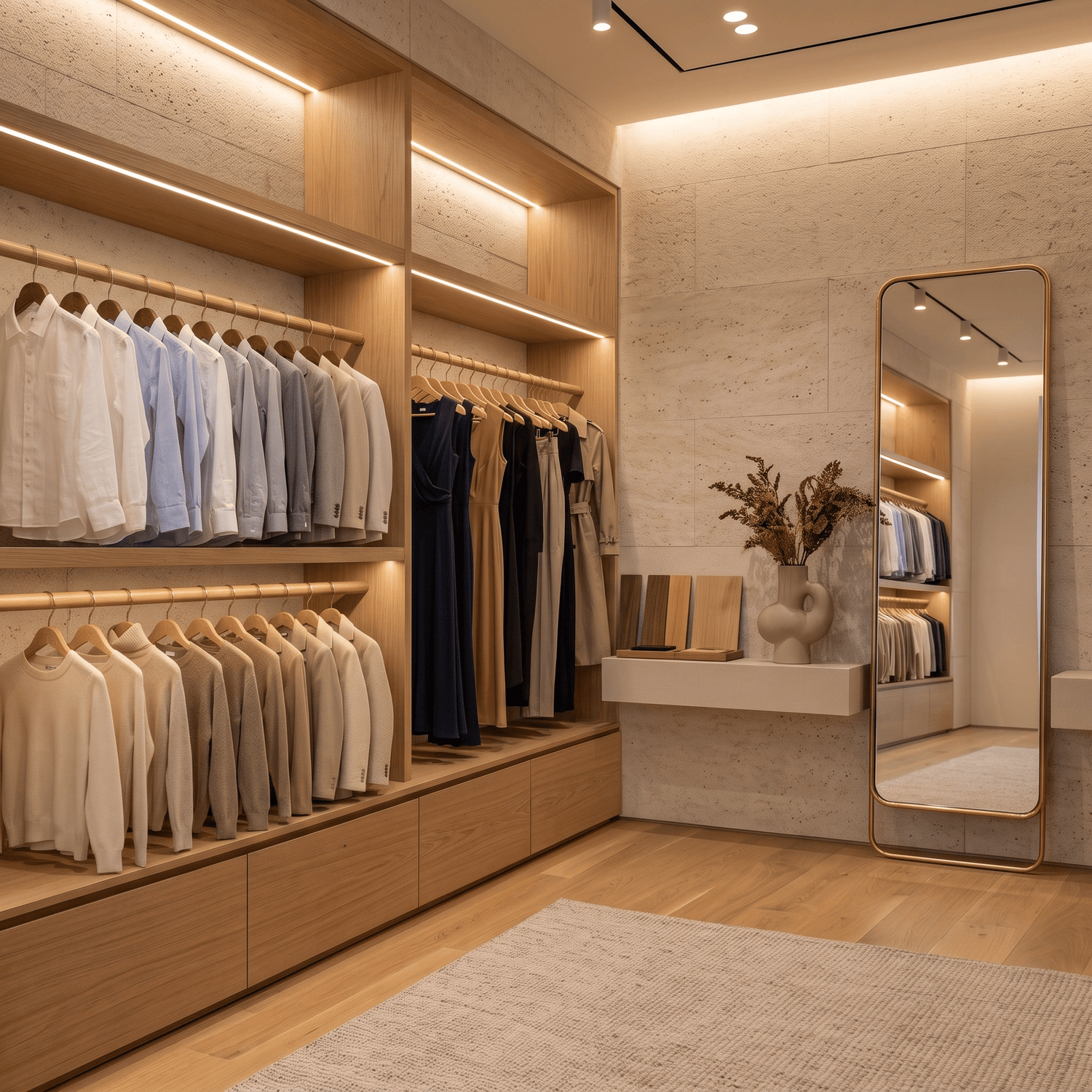 A modern walk-in closet interior with light wood cabinetry.