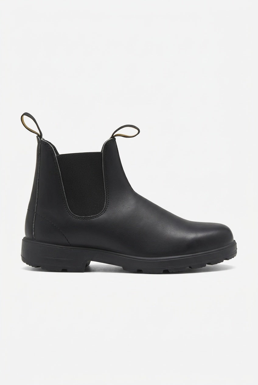 A single black leather Chelsea boot is shown from a side profile on a white background.