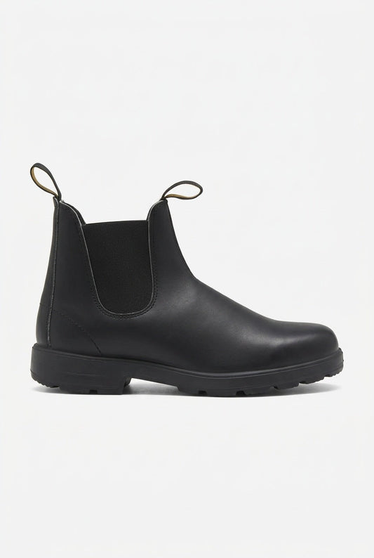A single black leather Chelsea boot is shown from a side profile on a white background.