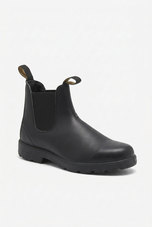 A single black leather Chelsea boot is shown from a slightly different side profile on a white background.