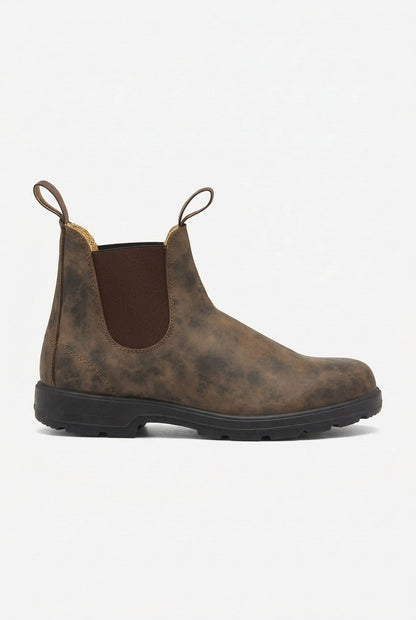 A single distressed brown leather Chelsea boot is shown from a side profile on a white background.
