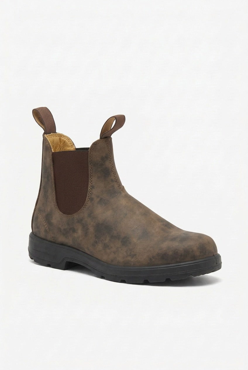 A single distressed brown leather Chelsea boot is shown from a slightly different side profile on a white background.