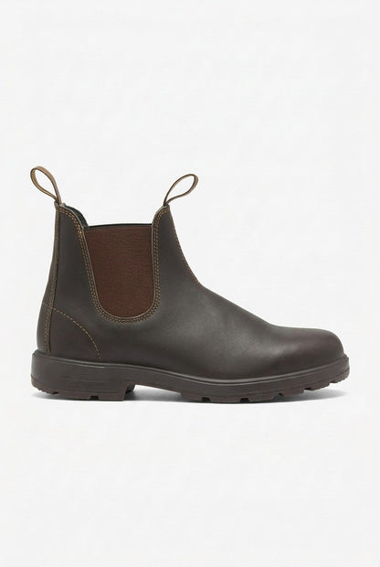 A single dark brown smooth leather Chelsea boot is shown from a side profile on a white background.