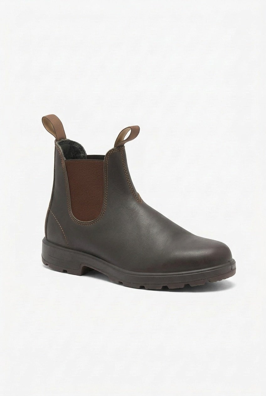 A single dark brown smooth leather Chelsea boot is shown from a slightly different side profile on a white background.