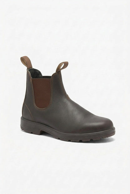 A single dark brown smooth leather Chelsea boot is shown from a slightly different side profile on a white background.