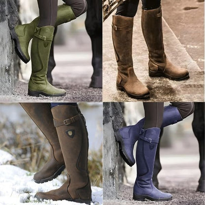A four-panel collage showing different colored tall riding boots (green, brown, dark brown, blue) worn by models in outdoor settings.
