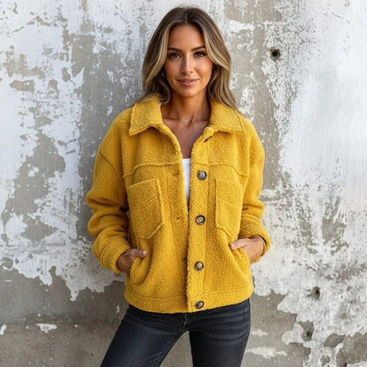 Front view of a woman wearing a yellow sherpa fleece shacket with a white top and dark jeans, hands in pockets.