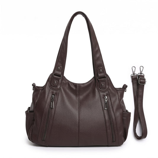 Front view of a dark brown faux leather hobo bag with a detachable shoulder strap on a white background.