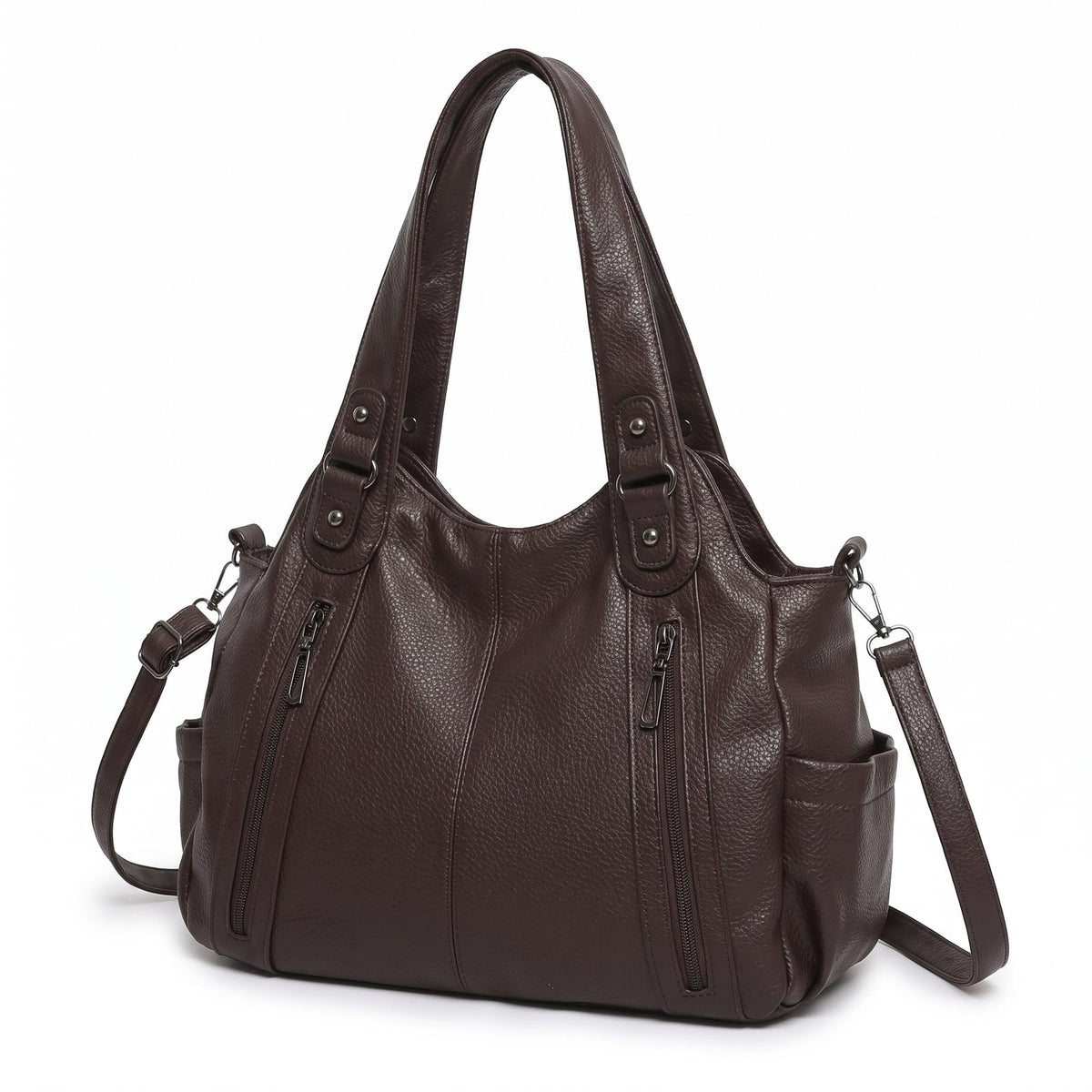 Three-quarter front view of the dark brown faux leather hobo bag with the shoulder strap attached, on a white background.
