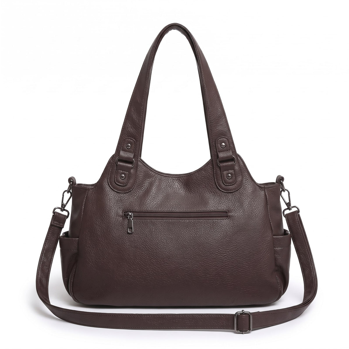Back view of the dark brown faux leather hobo bag with an exterior zip pocket and attached shoulder strap, on a white background.