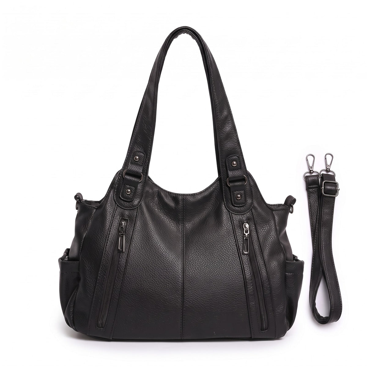 Front view of a black faux leather shoulder bag with an adjustable strap.