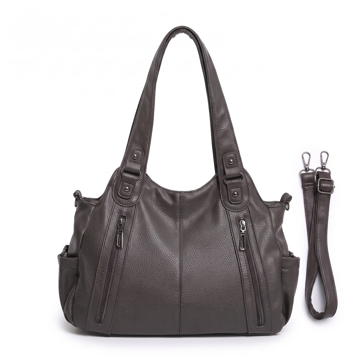 Front view of a grey faux leather shoulder bag with an adjustable strap.