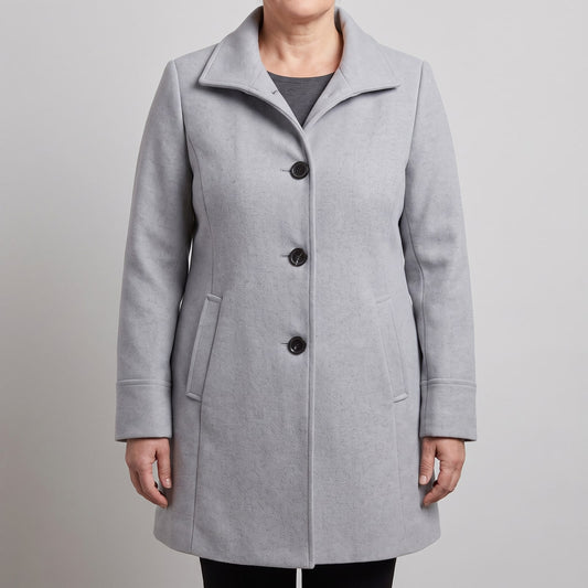 Front view of a grey single-breasted wool blend coat on a headless mannequin.