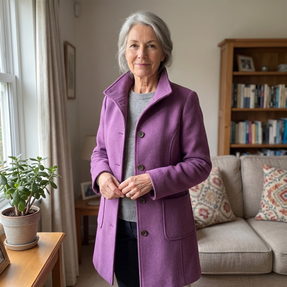 A woman wearing a purple single-breasted wool blend coat, standing in a living room.