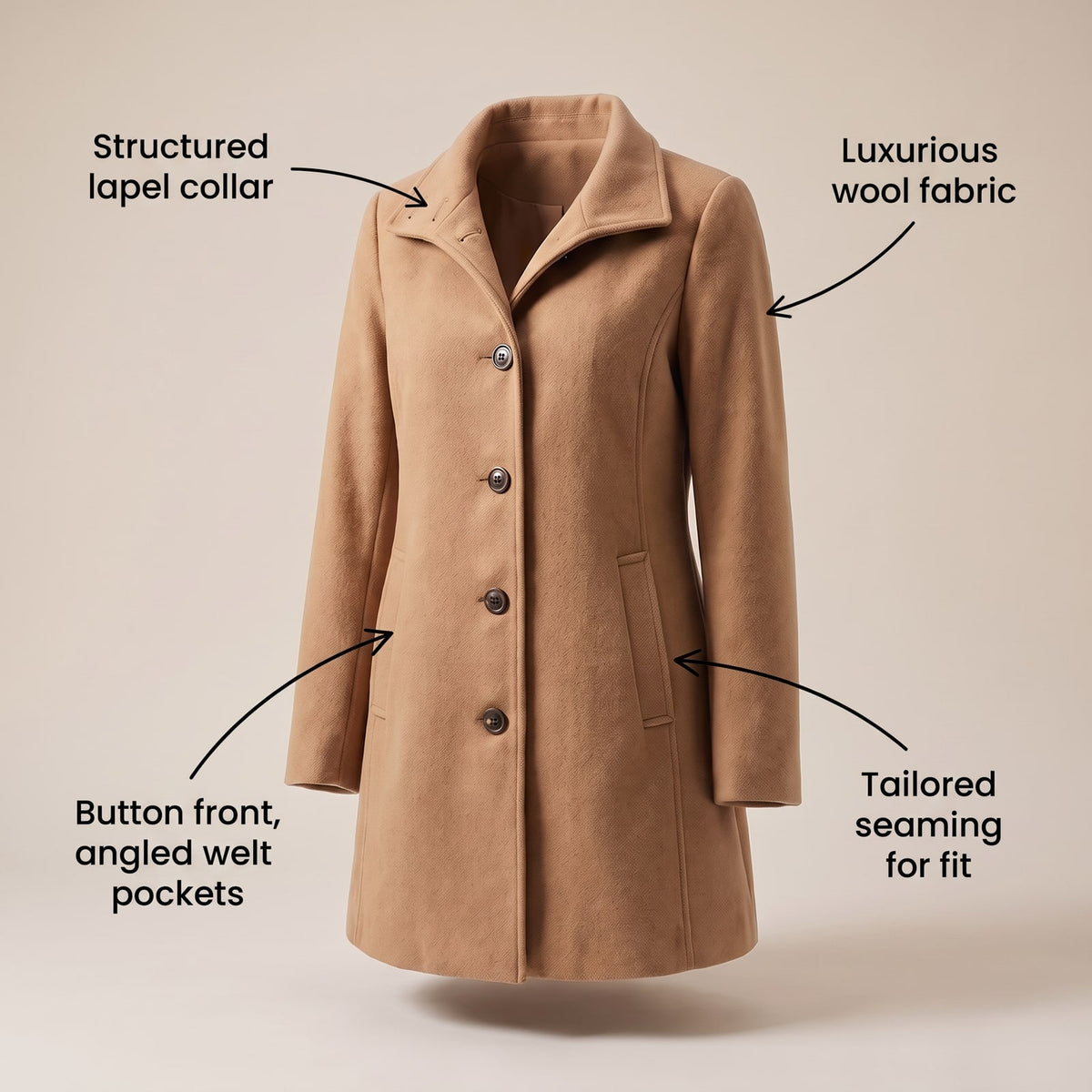 A camel-colored single-breasted wool blend coat with feature callouts for its collar, fabric, buttons, pockets, and seaming.