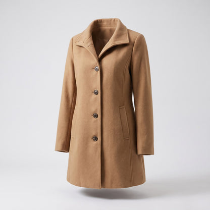 Front view of a camel-colored single-breasted wool blend coat on a ghost mannequin.
