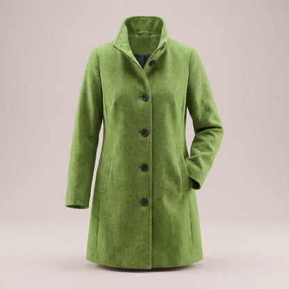 Front view of a green single-breasted wool blend coat with a stand collar on a ghost mannequin.
