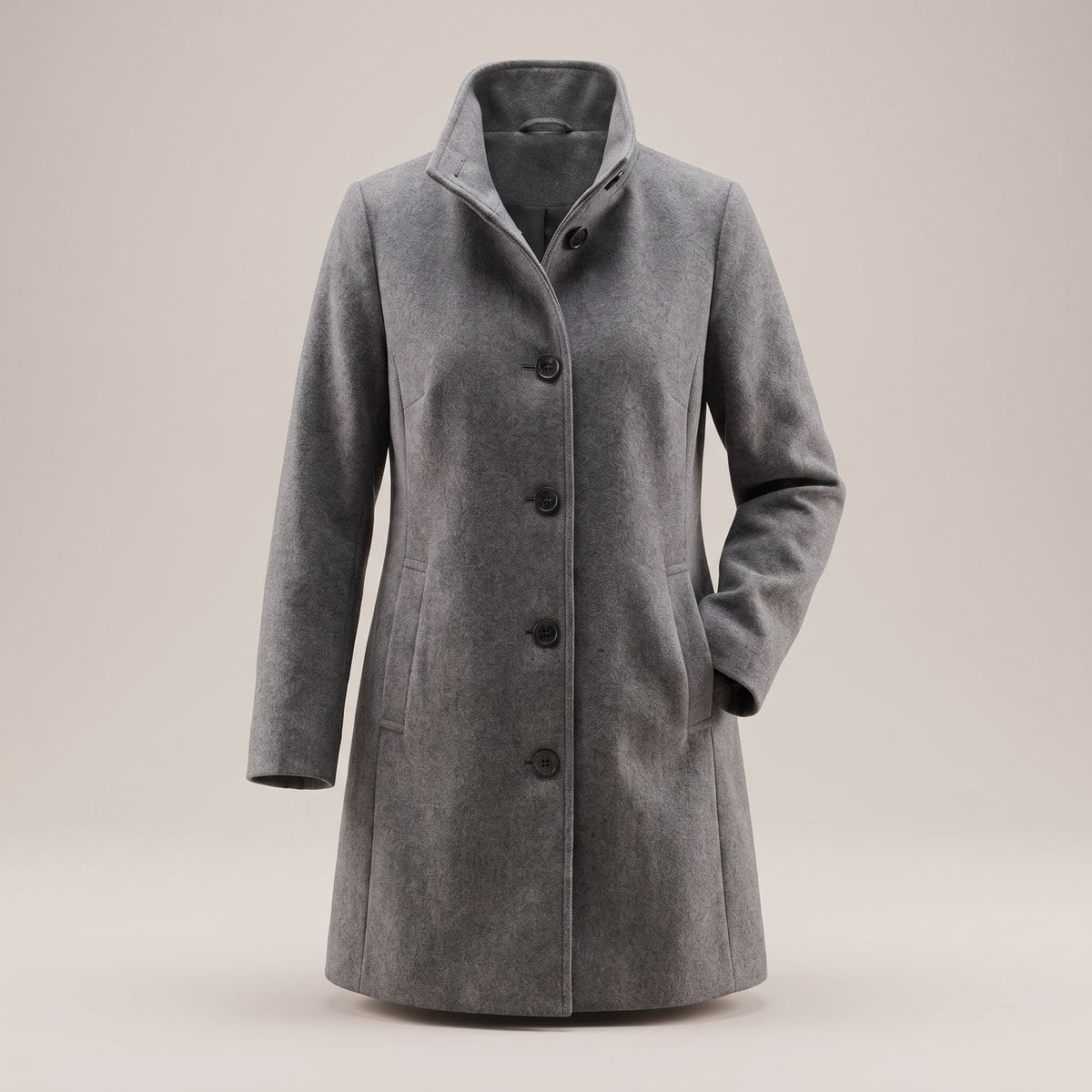 Front view of a grey single-breasted wool blend coat with a stand collar on a ghost mannequin.
