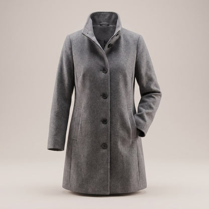 Front view of a grey single-breasted wool blend coat with a stand collar on a ghost mannequin.