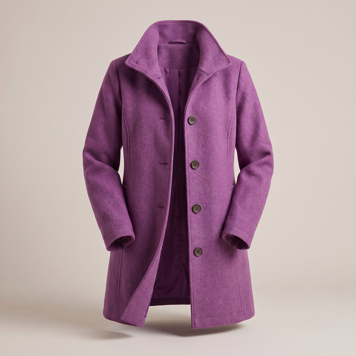 Front view of a purple single-breasted wool blend coat with an open front on a ghost mannequin.