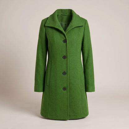 Front view of a vibrant green women's wool coat with a wide collar and three dark buttons.